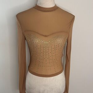 SHEIN Tan Sheer Rhinestone Blouse